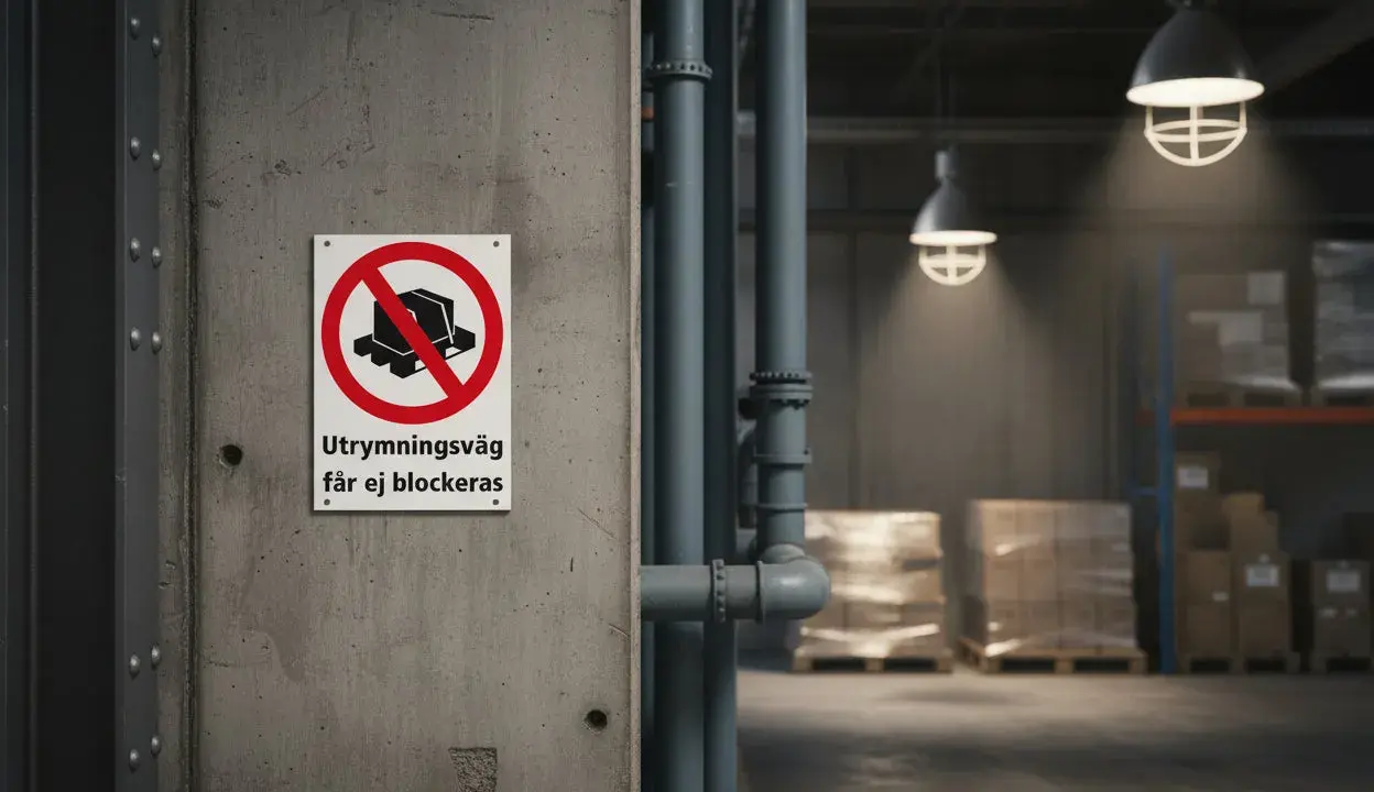 Varningsskylt på en betongvägg: "Utrymningsväg får ej blockeras". I bakgrunden syns ett lager med pallar och hyllor.