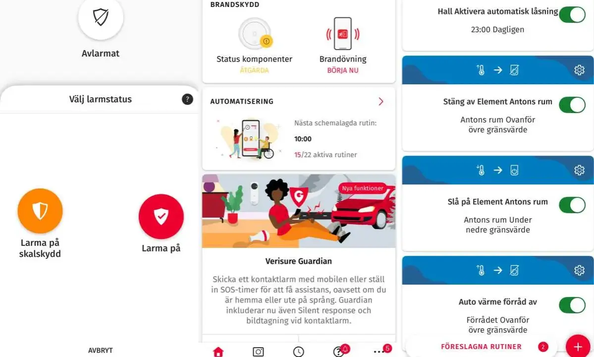 Verisure Guardian-funktionen löser ett problem med att skicka kontaktlarm. Appen visar brandskydd, automatisering och rutiner.