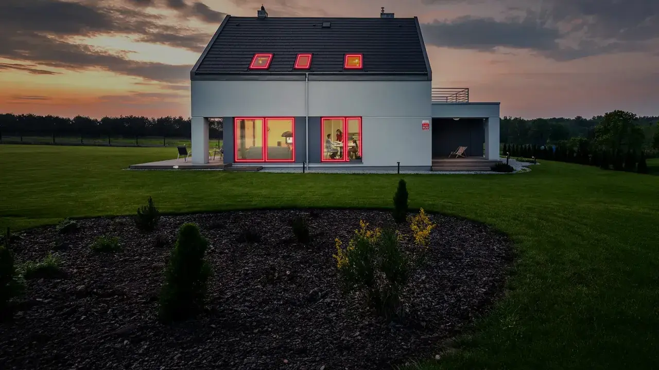 Modern villa brand med lysande röda fönsterramar mot en dramatisk solnedgång.