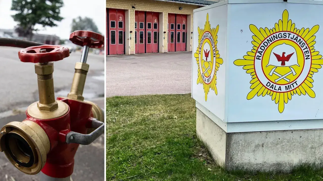 Brandpost i Sverige och räddningstjänstens logotyp. Brandposten är röd och mässing. Logotypen har en örn och korslagda yxor.
