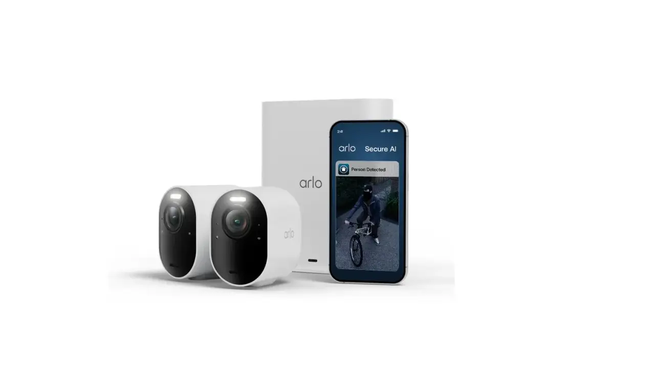 Arlo-kameror med lång arlo batteritid. En mobil visar "Person upptäckt" med en cyklist.