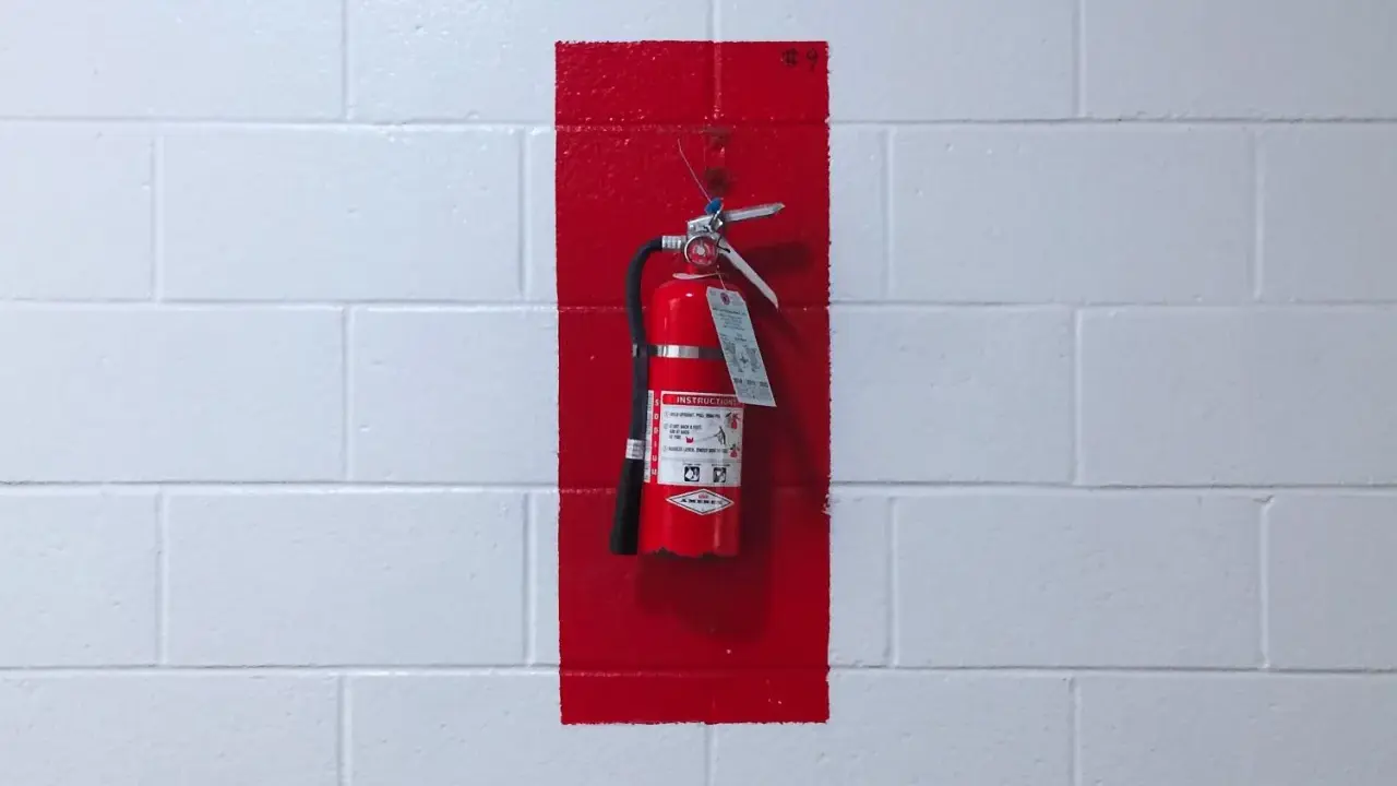 Brandskydd garage: Röd brandsläckare hänger på en vit tegelvägg, markerad med en röd rektangel.