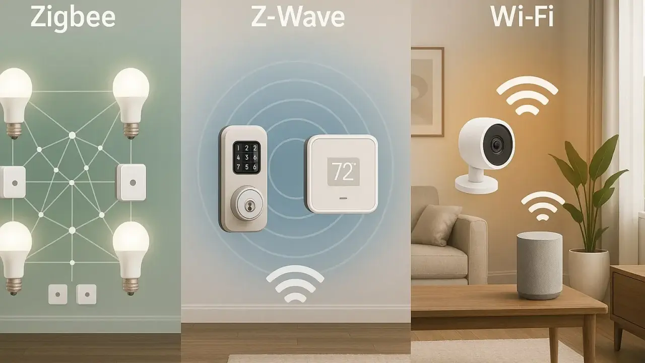 Smarta hem-teknologier: Zigbee för belysning, Z-Wave för lås och termostat (som i ett Verisure-system), och Wi-Fi för kamera och högtalare.