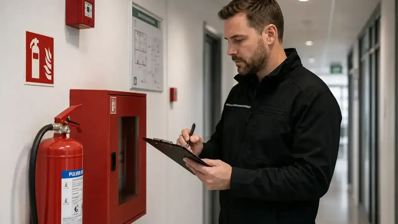 Man gör egenkontroll brandskydd. Han kontrollerar brandsläckare och brandsläckningsutrustning i en korridor.
