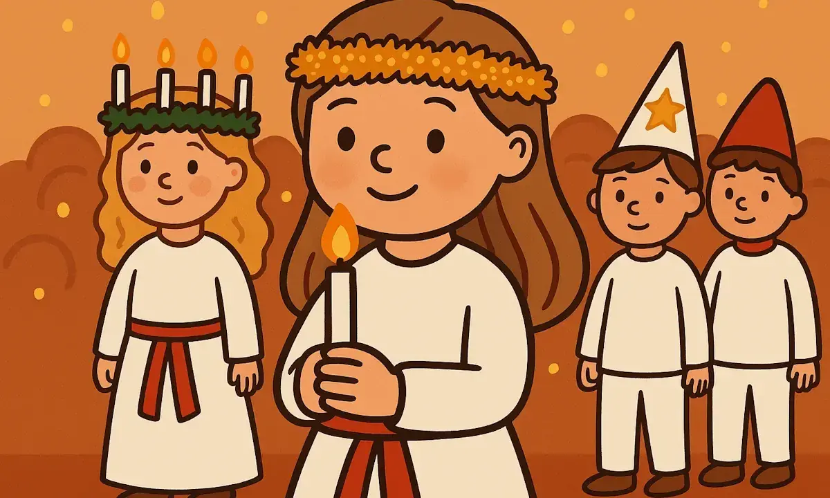 Söta barn i vita dräkter med ljus och kransar. En lucia med ljus i handen leder ett följe av barn, redo för en stämningsfull luciafirande.