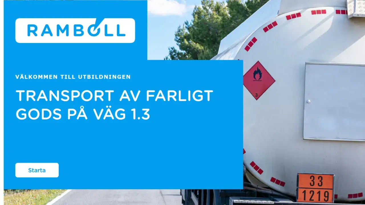 Utbildning i transport av farligt gods på väg. Tankbil med varningssymboler för brandfarligt material.