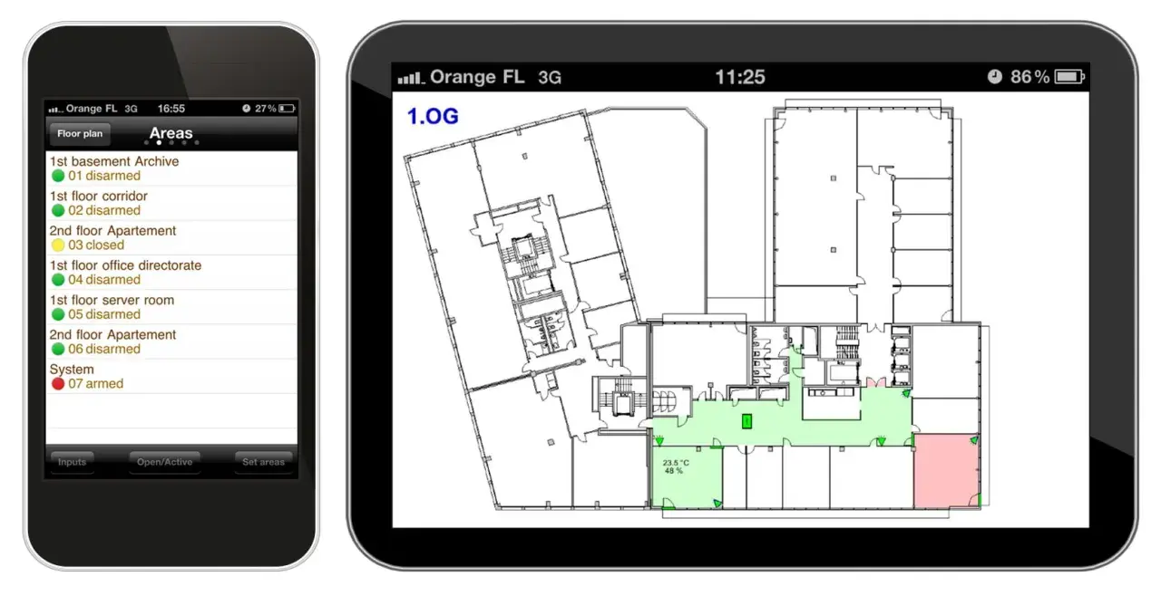 En mobilapp för säkerhet visar en planlösning med olika områden, vissa gröna (aktiva) och ett rött (larm). En lista visar status för varje område, som "01 disarmed". Denna alert alarm app ger överblick.