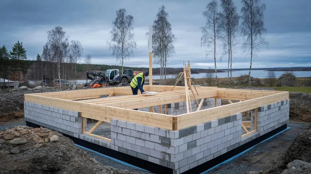 Byggnadsarbetare arbetar med grunden till ett hus, i enlighet med plan- och bygglagen. En maskin står i bakgrunden.