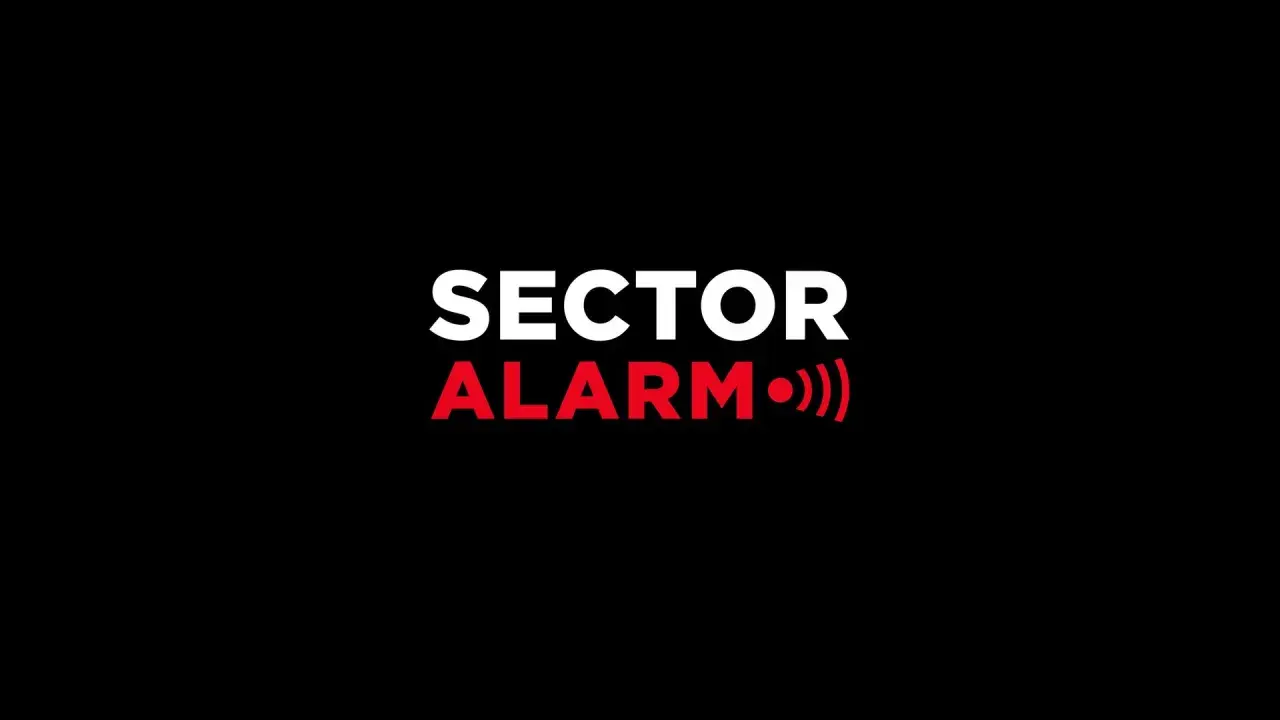 SECTOR ALARM brandvarnare piper. Texten "SECTOR ALARM" i vitt och rött med ljudvågor.