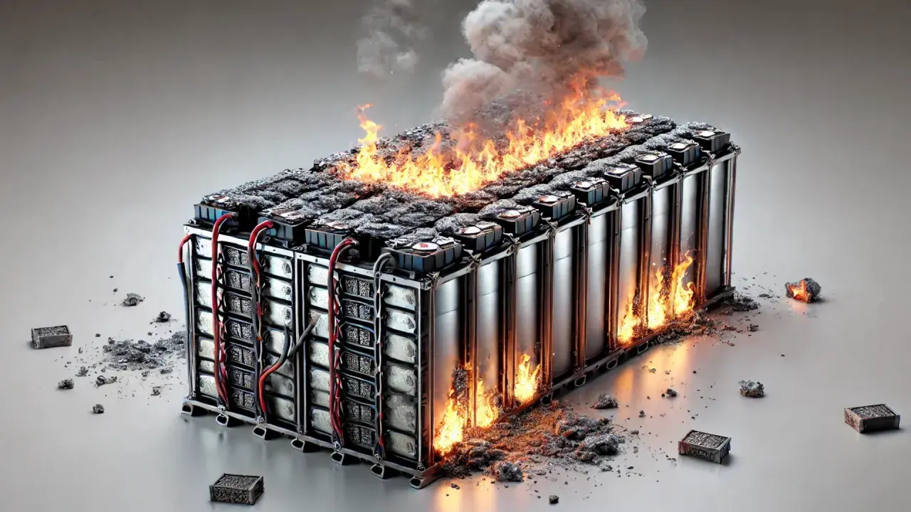 Batteripack i brand, med lågor som slickar sidorna och rök som stiger. En skrämmande termisk rusning som visar batteriets farliga potential.