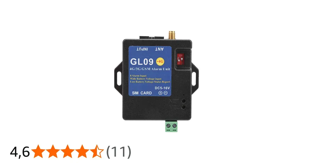 Svart larm GSM-enhet, modell GL09, med 8 larmingångar och 4G/3G-stöd. Perfekt för säkerhetssystem.