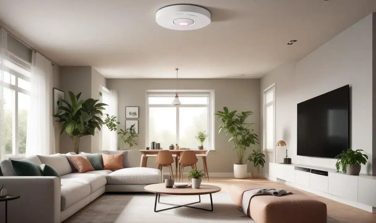 En modern lägenhet med en Ring Alarm brandvarnare i taket. Vardagsrummet är ljust och luftigt med en stor soffa, växter och ett matbord.