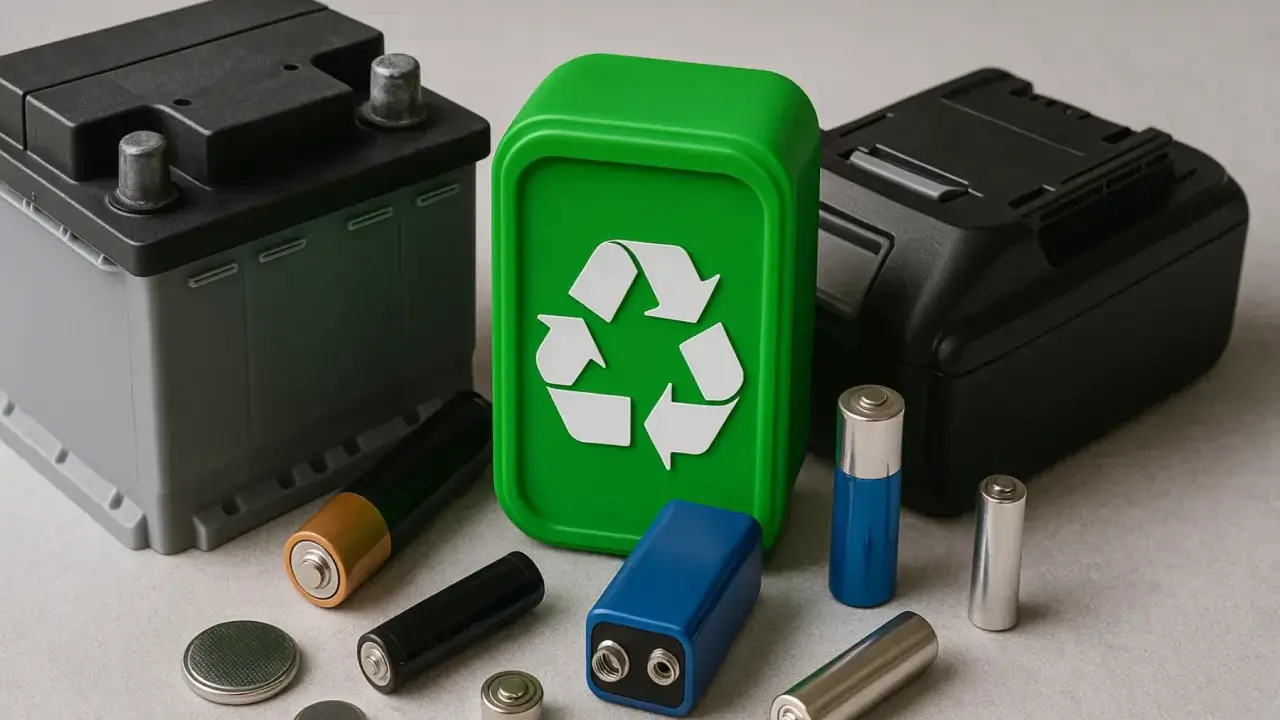 Olika batterier, inklusive ett bilbatteri och mindre AA-batterier, samlade runt en grön återvinningsbehållare med återvinningssymbolen. Viktigt för återvinning litiumbatterier.