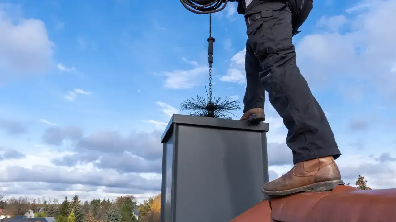 Sotare på taket med verktyg för sotning. En brandskyddskontroll pris kan variera beroende på skorstenens skick.