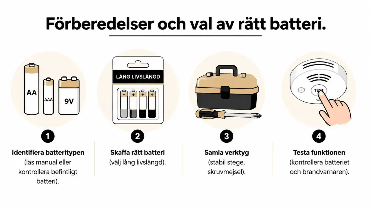 Steg för att ta ner brandvarnare: identifiera batteri, köp nytt, samla verktyg och testa funktionen.