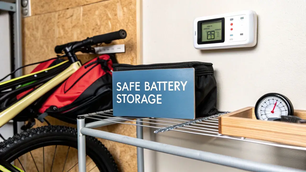 Säker förvaring av batterier, som litiumjonbatteri brand, är viktigt. Cykel och förvaringslåda syns.