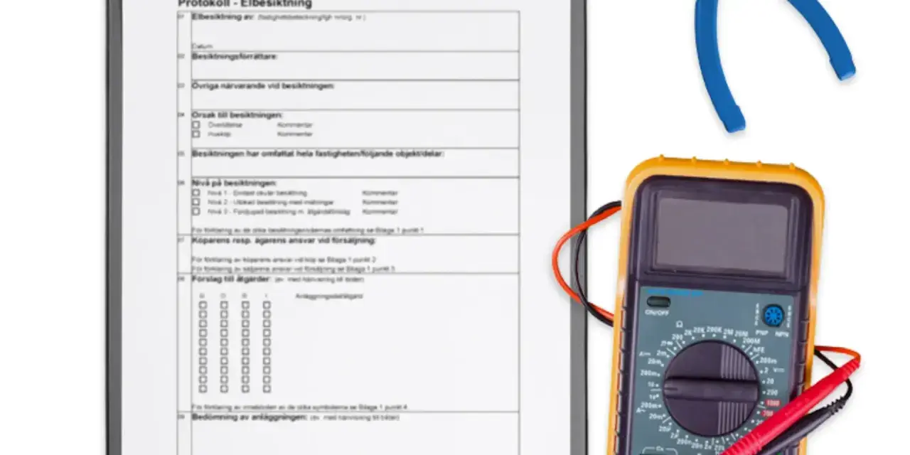 Protokoll för elbesiktning med multimeter och blå kabel. En besiktningsman el använder dessa verktyg för att säkerställa elsäkerhet.