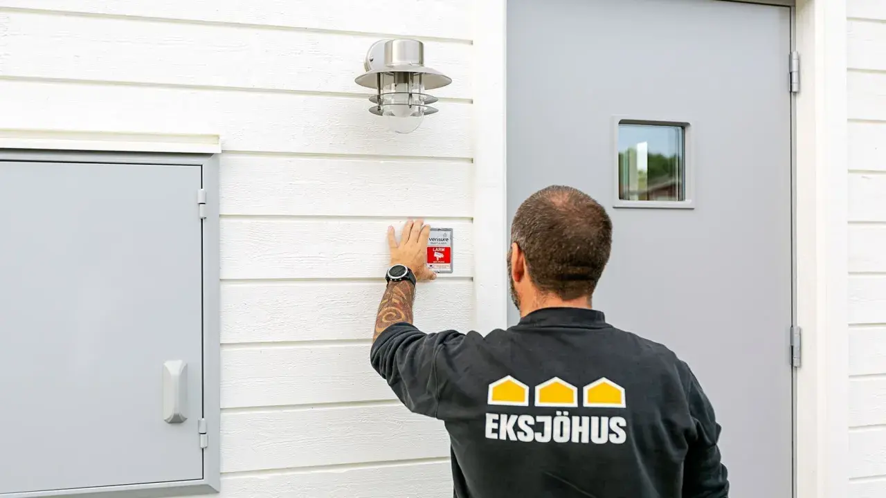 Man monterar en Verisure-larmdekal på husfasaden, en del av ett smart hem-system som kan integreras med Google Home.