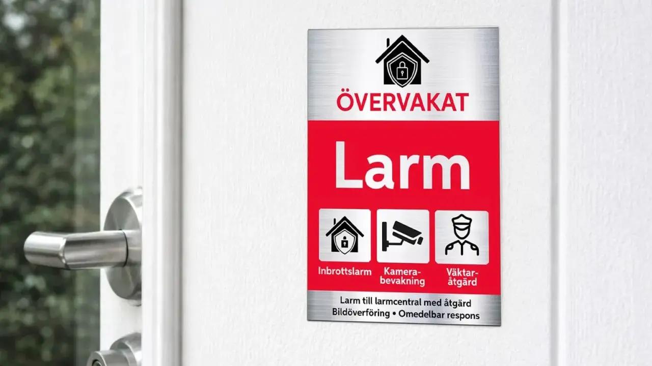En larmskylt utan larm, men med symboler för inbrottslarm, kameraövervakning och väktaråtgärd, sitter på en vit dörr.