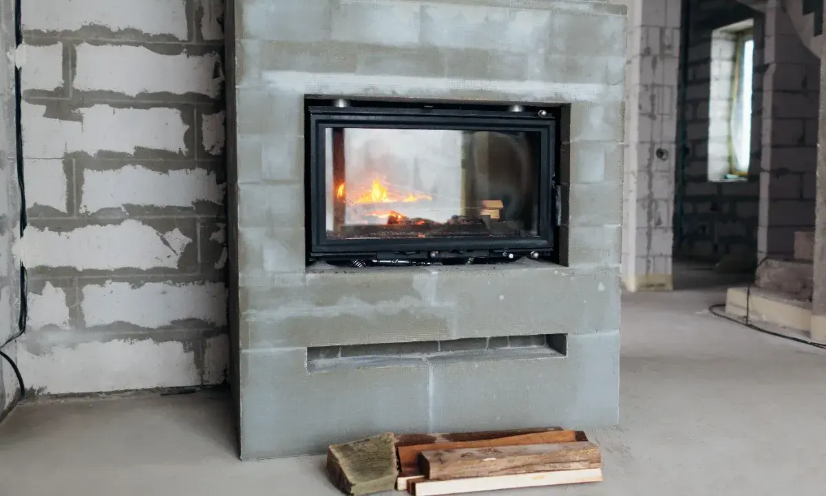 En nyinstallerad kamin med eld i, omgiven av byggmaterial. Snart blir det varmt och mysigt!