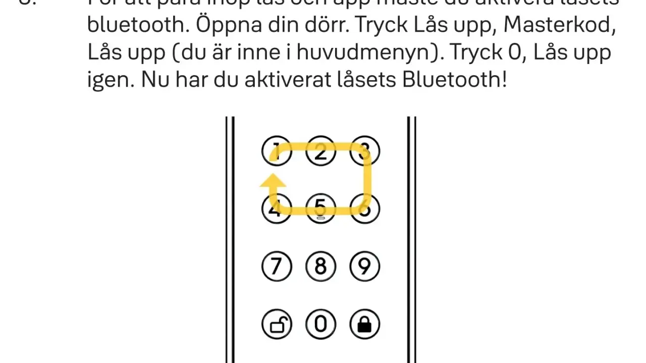 Instruktioner för att byta kod på Yale Doorman. En gul linje visar hur man drar fingret över siffrorna 1-2-3-6-5-4 för att aktivera Bluetooth.