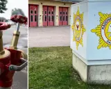 Brandpost i Sverige och räddningstjänstens logotyp. Brandposten är röd och mässing. Logotypen har en örn och korslagda yxor.