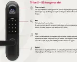 Habo Tribe 2 dörrlås med fingeravtrycksläsare, knappsats och handtag. Beskriver funktioner som fingeravtryck, kod och app-styrning.