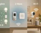 Smarta hem-teknologier: Zigbee för belysning, Z-Wave för lås och termostat (som i ett Verisure-system), och Wi-Fi för kamera och högtalare.