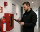 Man gör egenkontroll brandskydd. Han kontrollerar brandsläckare och brandsläckningsutrustning i en korridor.