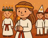 Söta barn i vita dräkter med ljus och kransar. En lucia med ljus i handen leder ett följe av barn, redo för en stämningsfull luciafirande.