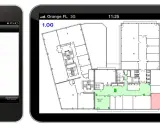 En mobilapp för säkerhet visar en planlösning med olika områden, vissa gröna (aktiva) och ett rött (larm). En lista visar status för varje område, som "01 disarmed". Denna alert alarm app ger överblick.
