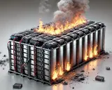 Batteripack i brand, med lågor som slickar sidorna och rök som stiger. En skrämmande termisk rusning som visar batteriets farliga potential.