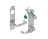 Chrome door handles, one with an emergency exit sign and green tag.