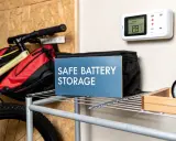 Säker förvaring av batterier, som litiumjonbatteri brand, är viktigt. Cykel och förvaringslåda syns.