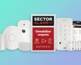 Säkerhetssystem från Sector Alarm med varningslampa, larmpanel, sensorer och mobilapp. Omedelbar respons vid larm.