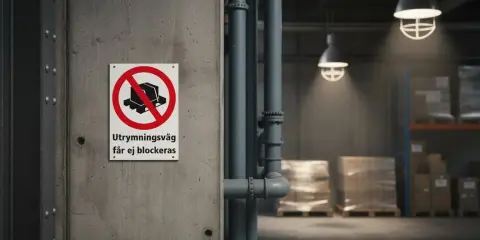 Varningsskylt på en betongvägg: "Utrymningsväg får ej blockeras". I bakgrunden syns ett lager med pallar och hyllor.