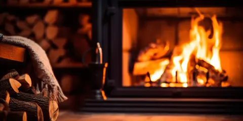 En mysig gammal eldstad sprakar med varma flammor. Vedträn ligger staplade bredvid, redo att ge mer värme.