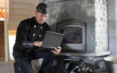 Sotare med laptop vid eldstad. Regelbunden brandskyddskontroll hur ofta är viktig för säkerheten.
