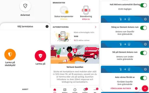 Verisure Guardian-funktionen löser ett problem med att skicka kontaktlarm. Appen visar brandskydd, automatisering och rutiner.