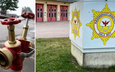 Brandpost i Sverige och räddningstjänstens logotyp. Brandposten är röd och mässing. Logotypen har en örn och korslagda yxor.