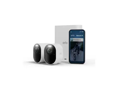 Arlo-kameror med lång arlo batteritid. En mobil visar "Person upptäckt" med en cyklist.