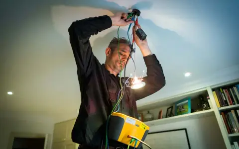 En auktoriserad elektriker kopplar in en ny taklampa. Han har en gul mätutrustning runt halsen.