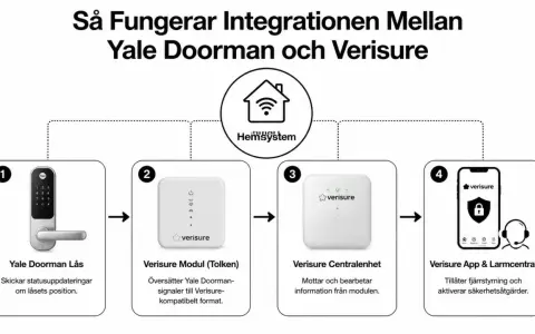 Diagram visar hur ett Yale Doorman lås integreras med Verisure. Låset skickar status, modulen översätter, centralenheten bearbetar och appen fjärrstyr.