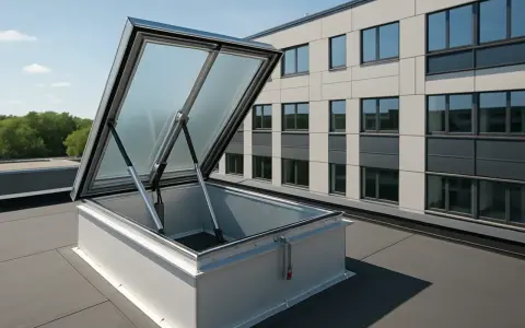 En öppen röklucka på ett platt tak, med en modern byggnad i bakgrunden.