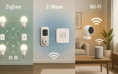 Smarta hem-teknologier: Zigbee för belysning, Z-Wave för lås och termostat (som i ett Verisure-system), och Wi-Fi för kamera och högtalare.