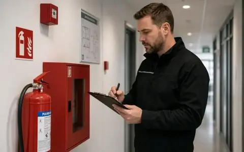 Man gör egenkontroll brandskydd. Han kontrollerar brandsläckare och brandsläckningsutrustning i en korridor.