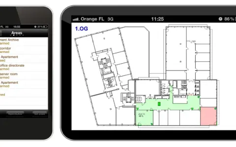En mobilapp för säkerhet visar en planlösning med olika områden, vissa gröna (aktiva) och ett rött (larm). En lista visar status för varje område, som "01 disarmed". Denna alert alarm app ger överblick.