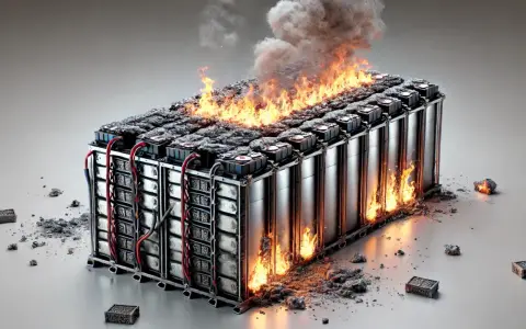 Batteripack i brand, med lågor som slickar sidorna och rök som stiger. En skrämmande termisk rusning som visar batteriets farliga potential.