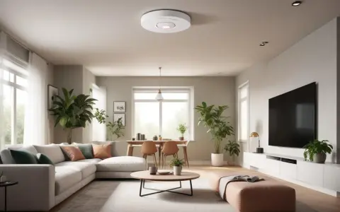 En modern lägenhet med en Ring Alarm brandvarnare i taket. Vardagsrummet är ljust och luftigt med en stor soffa, växter och ett matbord.