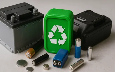 Olika batterier, inklusive ett bilbatteri och mindre AA-batterier, samlade runt en grön återvinningsbehållare med återvinningssymbolen. Viktigt för återvinning litiumbatterier.